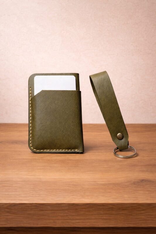 yeşil deri kartlık anahtarlık set