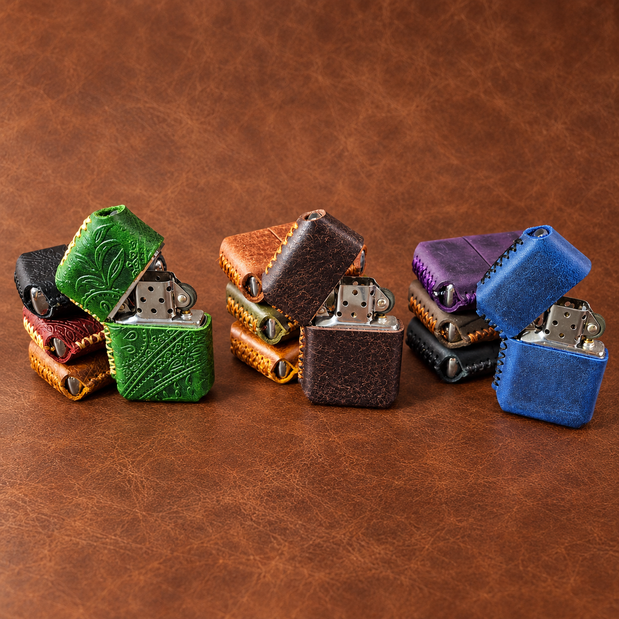 Farklı renklerde deri Zippo kılıfları