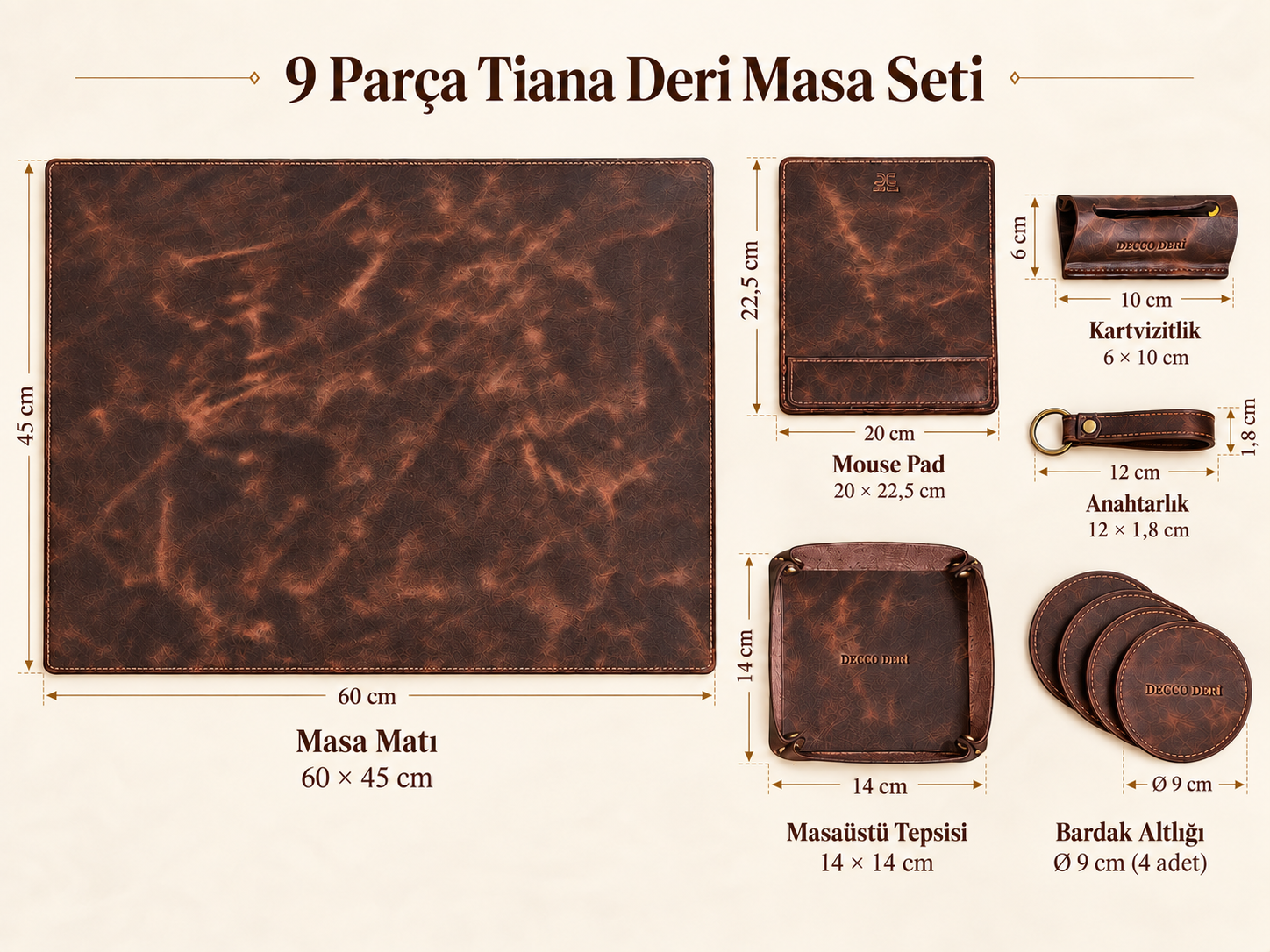 Tiana Deri Masa Seti – 9 Parça Kişiselleştirilebilir Sümen Takımı - Görsel 2